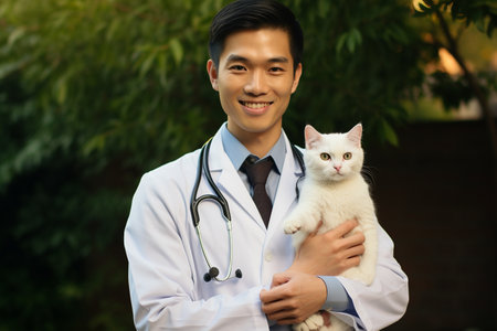 An Asian Veterinarian's Connection with a Beloved Catの素材