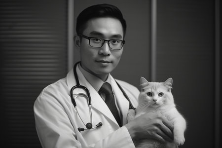 An Asian Veterinarian's Connection with a Beloved Catの素材