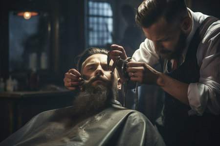 Barber Shearing Beard in Close-up at the Barber Shopの素材