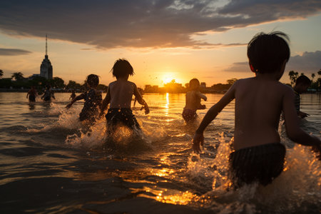 Asian Children Amidst the Floodwatersの素材