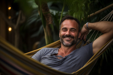 Handsome Middle-Aged Man Relaxing in a Hammock in the Serene Outdoorsの素材
