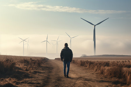 an standing in front of wind turbineの素材