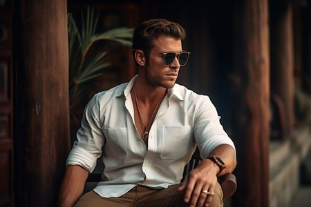 Portrait of a Handsome Young Classic Man in Hat and Sunglassesの素材