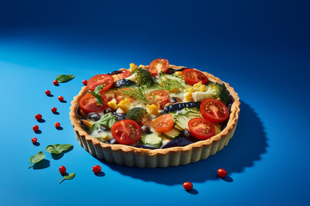 Tart with vegetables on a blue backgroundの素材