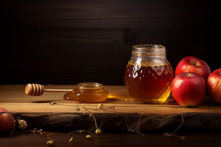 Apple and Honey on a Wooden Tableの素材