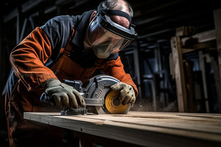 Worker in protective glasses and gloves sawing woodenの素材