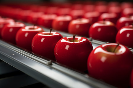 A Row of Red Apples on the Conveyor Beltの素材