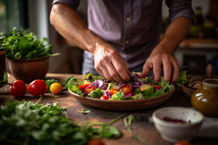 Capturing the Artistry: Young Man's Hands Craft a Delicious Fresh Vegan Salad.の素材