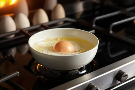 Close-Up of a Boiled Egg Resting on an Electric Stove and Saucepan.の素材