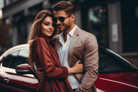 Joyful Young Couple Embracing in Casual Attire.の素材