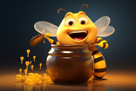 3D Cartoon Cute Fat Bee with a Pot of Honeyの素材