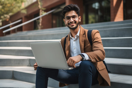 Joyful Indian Student Seated on Stairs with a Laptop.の素材