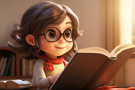 3D Cartoon of a Little Girl Lost in a Book Generative By Ai.の素材