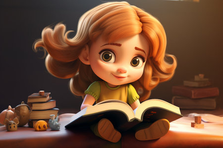 3D Cartoon of a Little Girl Lost in a Book Generative By Ai.の素材