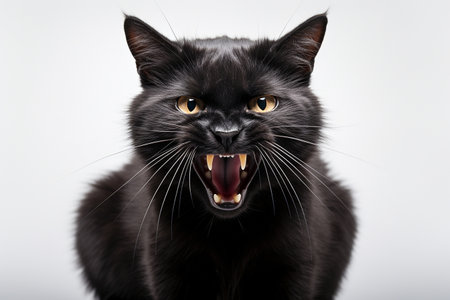 Black Cat Hissing on White Background Generative By Ai.の素材