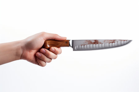 Hand Holding Large Kitchen Knife on White Background Generative By Ai.の素材