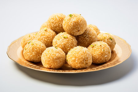 Ladoo on Gold Plate on White Background.の素材