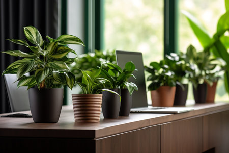 Potted Plants Adorning a Wooden Desk Generative By Ai.の素材
