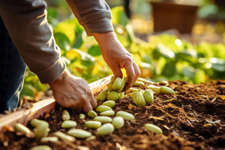 Hand Planting Pumpkin Seeds in the Vegetable Garden Generative By Ai.の素材