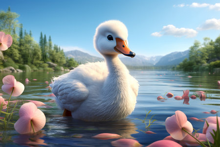 A 3D Adorable Baby Swan in Nature's Embrace Generative By Ai.の素材