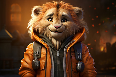 3D Cartoon Lion Portrait Wearing Clothes Generative By Ai.の素材