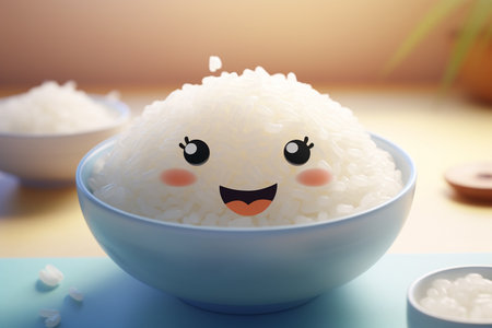 3D Cute Cartoon Bowl of Rice Character Generative By Ai.の素材