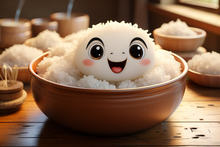 Cute 3D Cartoon Rice Bowl for Food Lovers Generative By Ai.の素材