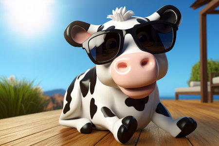 3D Cute Cartoon Cow in Sunglasses Generative By Ai.の素材