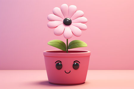 A Cute and Playful Cartoon Pink Flower in a Pot Generative By Ai.の素材