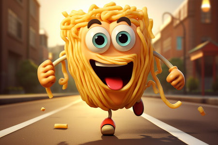 3D Cute Cartoon Running Pasta Character Generative By Ai.の素材