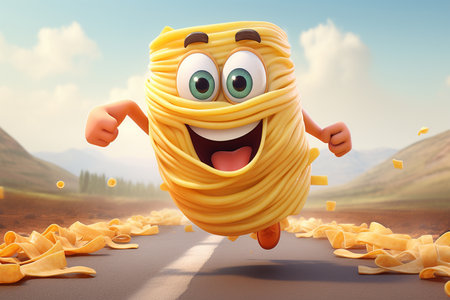 3D Cute Cartoon Running Pasta Character Generative By Ai.の素材