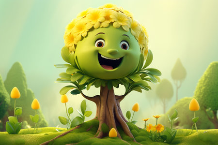 3D Cute Cartoon Spring Tree Character Generative By Ai.の素材