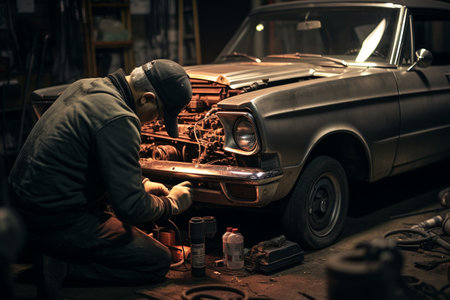 Automotive Maintenance by a Mechanic in Action Generative By Ai.の素材