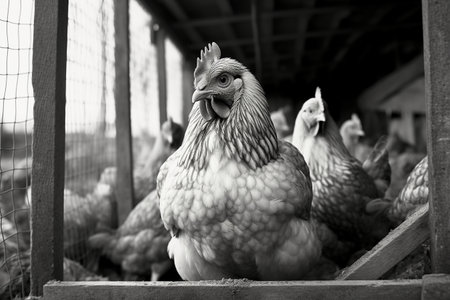 Black and White Chickens in Coop generative by Ai.の素材