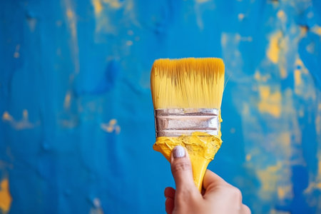 Close-up of a Wooden Painting Brush with Blue Paint generative by Ai.の素材