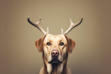 Close-up of a Cute Labrador Dog Wearing Deer Antlers generative by Ai.の素材