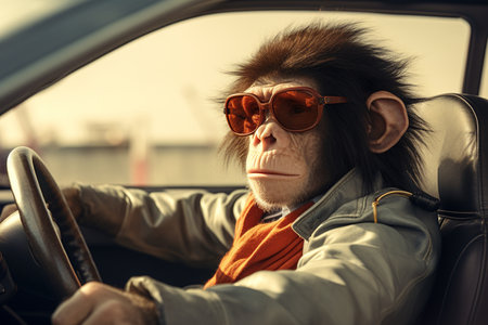 A Close Examination of a Monkey's Automotive Adventure generative by Ai.の素材