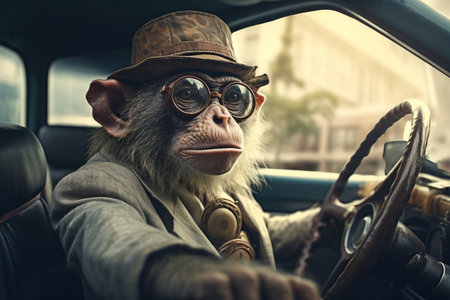 A Playful Close-Up of a Monkey Driving a Car generative by Ai.の素材