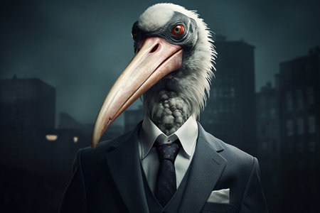 Anthropomorphic Stork in Unique Outfit generative by Ai.の素材