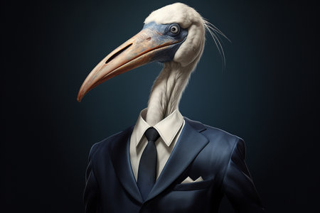 Business Bird: Anthropomorphic Stork in a Business Suit generative by Ai.の素材
