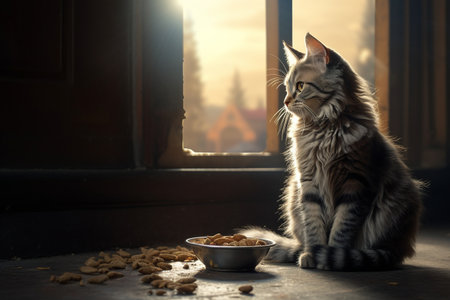 Adult Cat by a Bowl of Dry Food generative by Ai.の素材