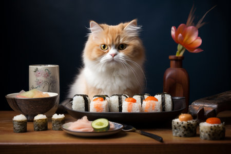 Cute Cat with a Sushi Set generative by Ai.の素材