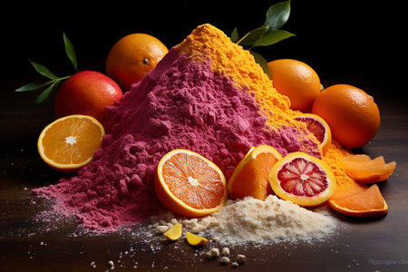 A Pile of Vibrant Powder and Fresh Fruit generative by Ai.の素材