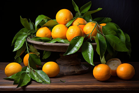 Fresh Oranges with Leaves on a Wooden Table generative by Ai.の素材
