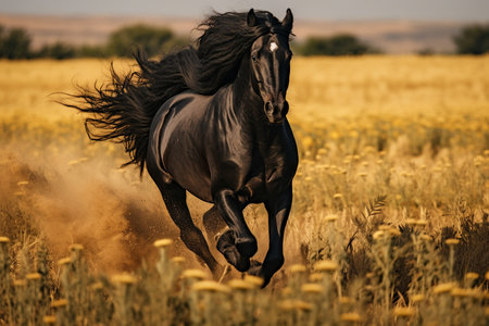 Wild Black Horse Running in the Field generative by Ai.の素材