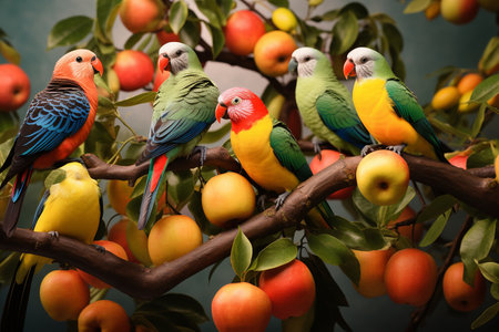 Colorful Birds Feeding Together on a Fruit Tree generative by Ai.の素材
