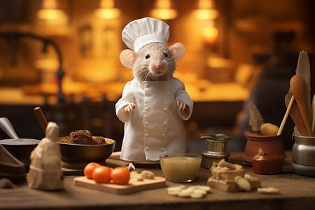 Adorable French Rat Chef in the Kitchen generative by Ai.の素材