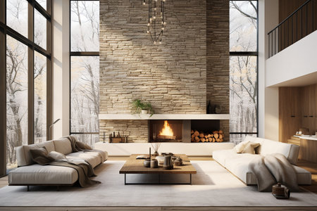 Exploring a Neutral-toned Living Room with Stone Wall Fireplace generative by Ai.の素材
