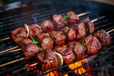 The Cook Roasting Beef Kebabs on the Grill Generative by Ai.の素材
