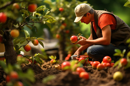 A Farmer's Apple Harvest in the Orchard generative by Ai.の素材